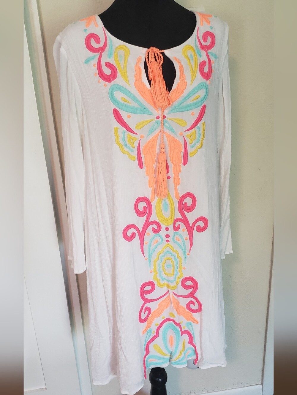 Lilly Pulotzer White Embroidered Boho Tunic Dress with Pastel Accents